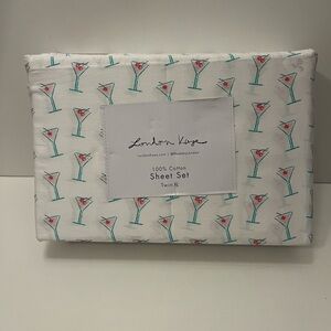 London Kaye Twin XL Size Cotton Sheet Set Martini Glasses Print White Pink Green